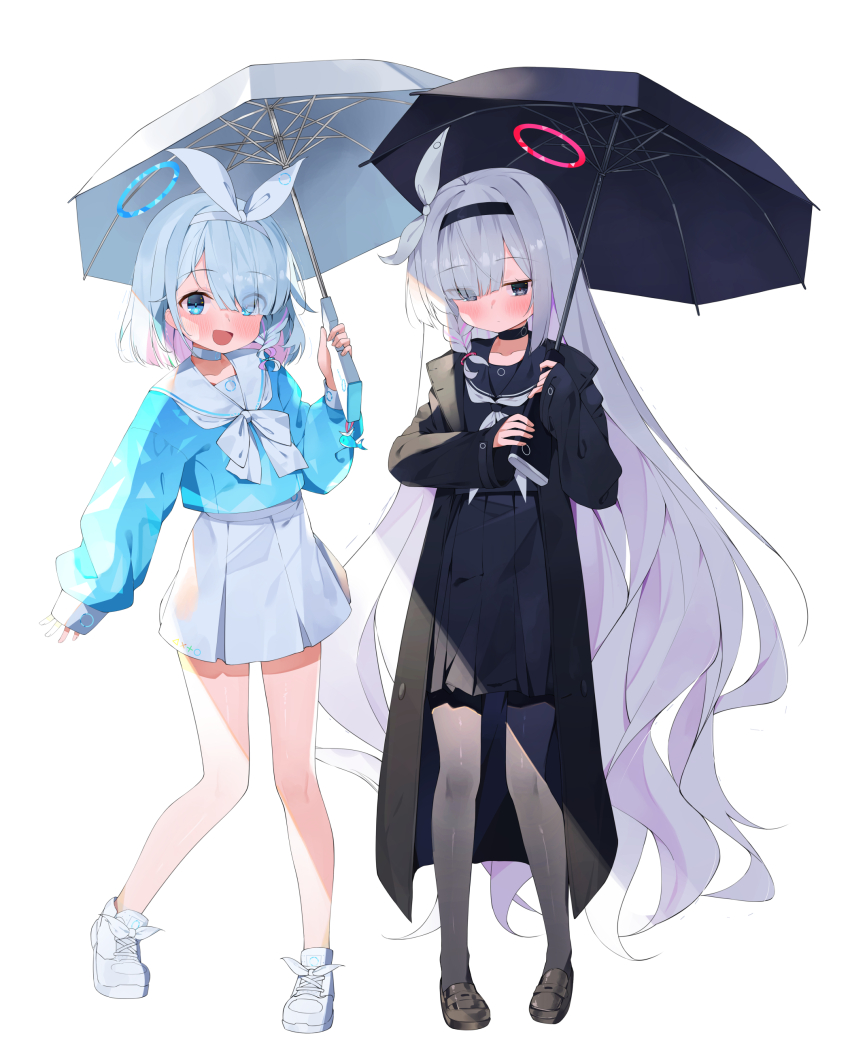 2girls :d absurdres arona_(blue_archive) avant_garde_(artist) bare_legs black_choker black_coat black_eyes black_footwear black_hairband black_pantyhose black_sailor_collar black_serafuku black_shirt black_skirt blue_archive blue_eyes blue_hair blue_halo blue_shirt blush bow_hairband braid charm_(object) choker closed_mouth coat colored_inner_hair commentary eyes_visible_through_hair full_body hair_over_one_eye hairband halo high-waist_skirt highres holding holding_umbrella loafers long_hair long_sleeves looking_at_viewer medium_hair miniskirt multicolored_hair multiple_girls neckerchief open_clothes open_coat open_mouth pantyhose pink_hair plana_(blue_archive) pleated_skirt red_halo red_pupils sailor_collar school_uniform serafuku shirt shoes simple_background single_braid skirt sleeves_past_wrists smile sneakers standing umbrella umbrella_gun very_long_hair white_background white_choker white_footwear white_hair white_hairband white_neckerchief white_sailor_collar white_skirt