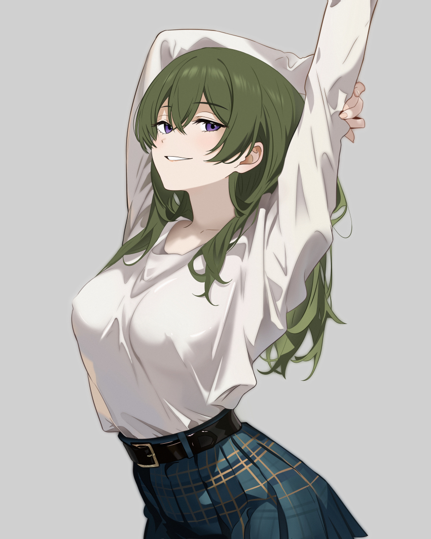 1girl absurdres arms_up belt belt_buckle black_belt blouse breasts buckle collarbone green_hair grey_background hair_between_eyes highres jmx_(j_m_x) large_breasts long_hair looking_at_viewer patterned_clothing pleated_skirt purple_eyes shirt simple_background skirt solo sousou_no_frieren ubel_(sousou_no_frieren) white_shirt