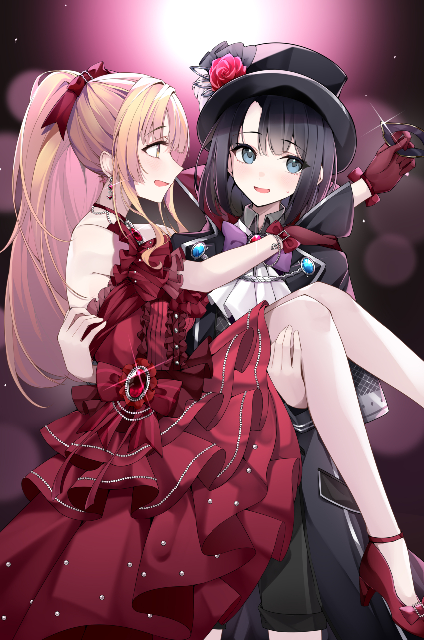 2girls absurdres bang_dream! bare_shoulders black_hair black_hat blonde_hair blue_eyes blue_gemstone blunt_bangs blush bow bowtie bracelet carrying carrying_person choker corset dress earrings eye_mask flower flower_in_hat frilled_dress frills gem gloves hair_between_eyes hair_ornament hand_on_another&#039;s_shoulder hat heart heart_earrings high_heels highres holding holding_mask jewelry long_dress long_hair looking_at_another looking_at_viewer mask medium_hair multiple_girls nervous nervous_smile off-shoulder_dress off_shoulder official_alternate_hairstyle okusawa_misaki phantom_thief ponytail red_bow red_dress red_footwear red_frills red_gemstone red_gloves ribbon shoes simple_background sleeveless sleeveless_dress smile sweatdrop tsurumaki_kokoro useless_(102960190014) wrist_ribbon yellow_eyes yuri