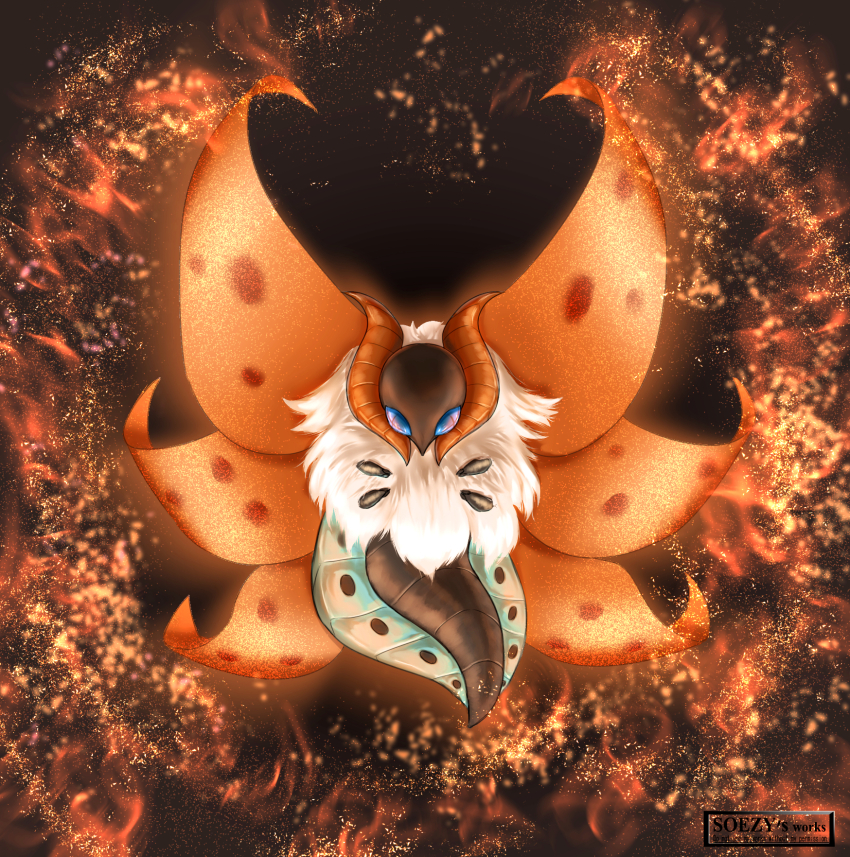 animal_focus artist_name blue_eyes bug commentary_request creatures_(company) embers full_body game_freak gen_5_pokemon highres insect looking_at_viewer moth nintendo no_humans pokemon pokemon_(creature) soezy solo volcarona white_fur