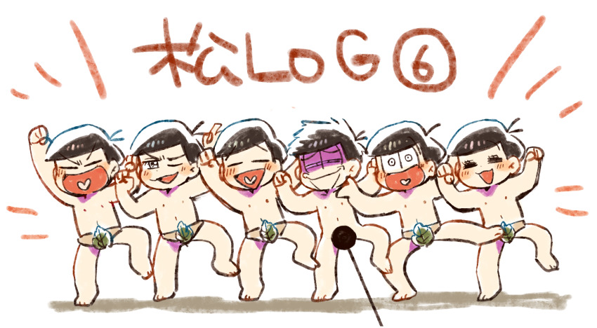 6+boys =_= ahoge antenna_hair arm_up bare_legs barefoot blunt_bangs brothers brown_hair brown_male_underwear censored clenched_hand commentary_request deformed eyelashes false_smile full_body furrowed_brow grey_eyes half-closed_eyes hand_on_another&#039;s_chin happy heart heart_in_mouth highres kuri_(shibimame) leaf leg_up light_blush looking_at_viewer male_focus male_underwear matsuno_choromatsu matsuno_ichimatsu matsuno_jyushimatsu matsuno_karamatsu matsuno_osomatsu matsuno_todomatsu messy_hair multiple_boys notice_lines one_eye_closed open_mouth osomatsu-san osomatsu_(series) paw_pose sextuplets shaded_face short_hair siblings simple_background smile thick_eyebrows topless_male triangle_mouth underwear white_background wide-eyed