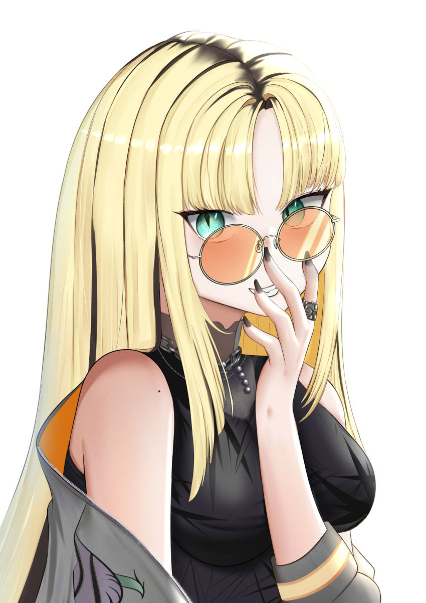 1girl black_jacket black_nails blonde_hair breasts green_eyes highres hololive hololive_dev_is jacket jewelry koganei_niko long_hair looking_at_viewer necklace open_clothes open_jacket open_mouth ring smile solo sunglasses sussix virtual_youtuber