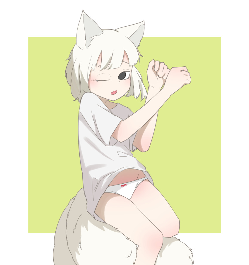 1girl absurdres animal_ears arms_up black_eyes blush feet_out_of_frame feiren_zai fox_ears fox_girl fox_tail goose_g3 green_background highres jiuyue_(fei_ren_zai) kitsune kyuubi multiple_tails navel one_eye_closed open_mouth panties shirt short_sleeves solo tail underwear white_panties white_shirt white_tail