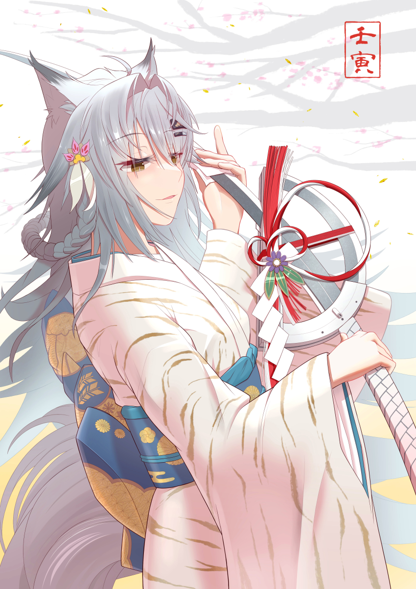 1girl absurdres ahoge alternate_costume alternate_hairstyle animal_ear_fluff animal_ears arknights back_bow bare_tree blue_bow blush bow braid branch cleaning cleaning_weapon commentary_request flower hair_between_eyes hair_ornament highres holding holding_sword holding_weapon japanese_clothes kimono lappland_(arknights) long_hair long_sleeves obi parted_lips purple_flower ribbon sash silver_hair smile solo sword tree very_long_hair weapon white_kimono wide_sleeves wolf_ears yellow_eyes yuu_(yuu_yu)