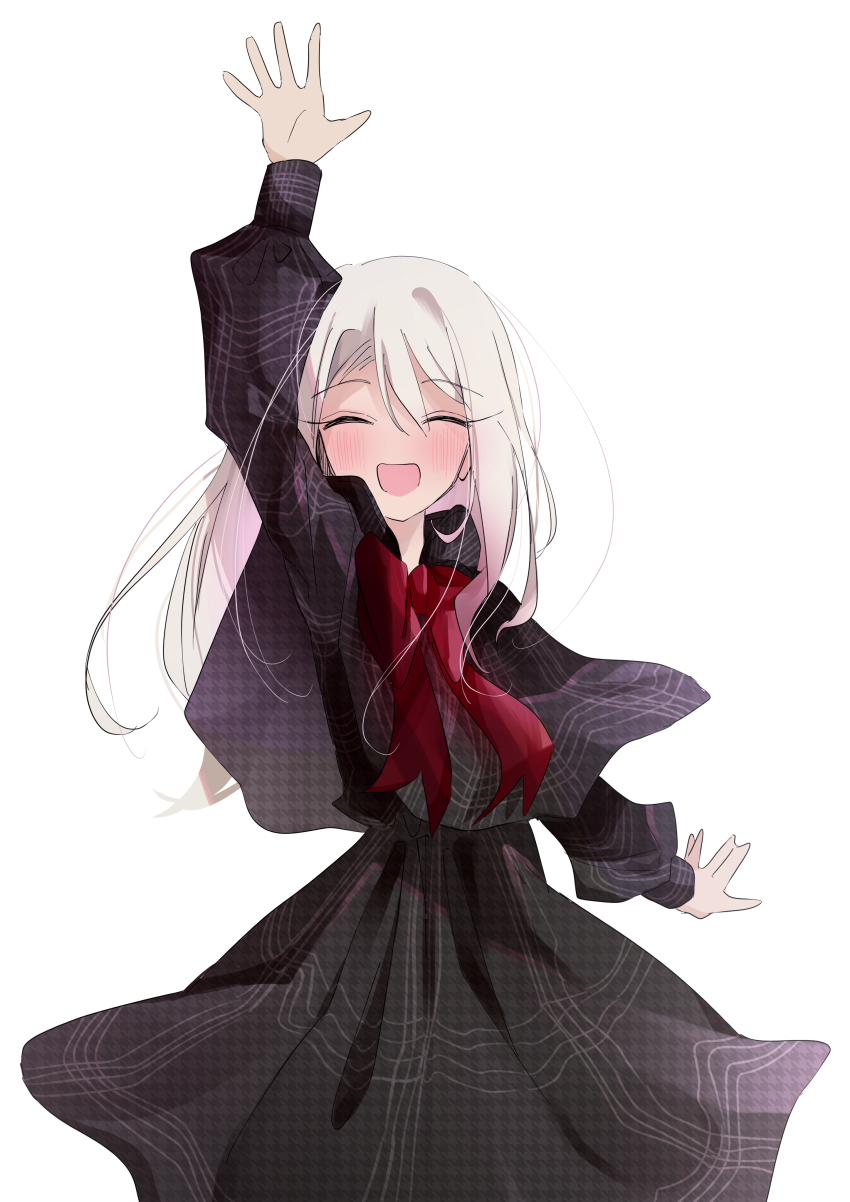 1girl absurdres black_dress bow dress fate/stay_night fate_(series) hand_up highres illyasviel_von_einzbern long_hair marianzu open_mouth red_bow simple_background smile solo white_background white_hair