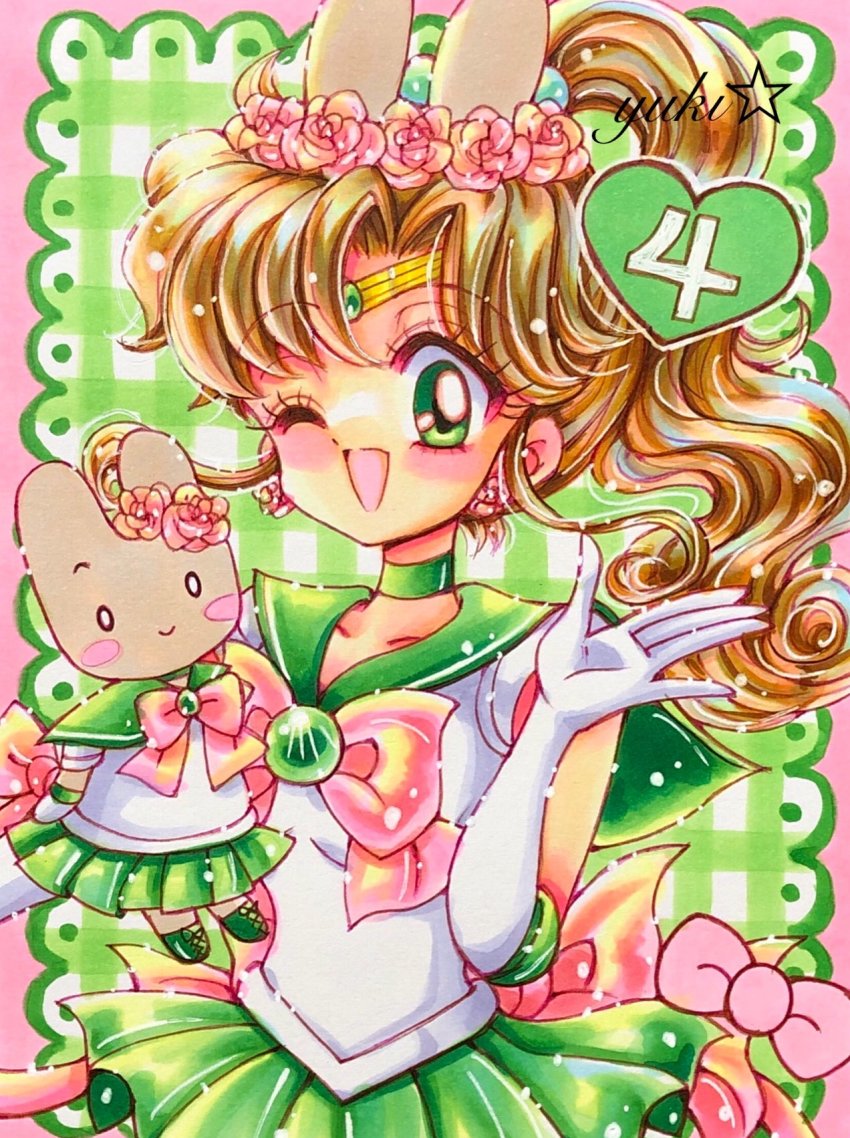 1girl bishoujo_senshi_sailor_moon brown_hair gloves green_eyes heart highres kino_makoto long_hair magical_girl miniskirt one_eye_closed stuffed_toy ponytail sailor_jupiter short_sleeves skirt wink yuki_(yyy_tgzc)