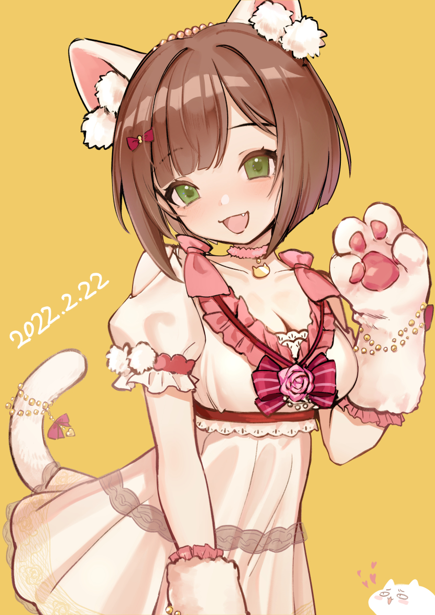 absurdres animal animal_ear_fluff animal_ears animal_hands bare_shoulders blush bow breasts brown_hair cat cat_day cat_ears choker cleavage clothing_cutout collarbone dated fake_animal_ears fake_tail fang flower frills green_eyes heart highres idolmaster idolmaster_cinderella_girls looking_at_viewer maekawa_miku medium_hair open_mouth pink_bow pink_choker pink_flower pink_rose red_bow rose shoulder_cutout simple_background smile striped_bow sunege_(hp0715) tail tail_bow tail_ornament yellow_background