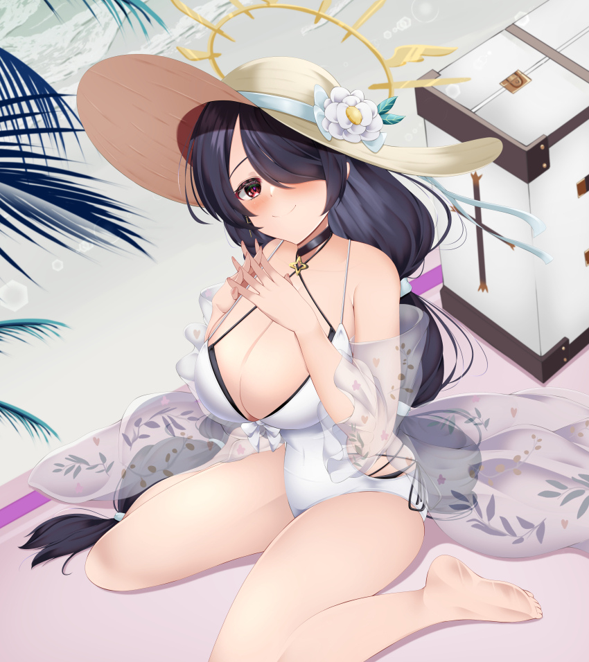 1girl absurdres bare_legs bare_shoulders barefoot beach bikini black_bikini black_hair blue_archive blush breasts choker cleavage closed_mouth collarbone crossed_fingers flower full_body hair_over_one_eye halo hat hat_flower highres hinata_(blue_archive) hinata_(swimsuit)_(blue_archive) jewelry large_breasts long_hair looking_at_viewer mole musi_tino off_shoulder official_alternate_costume palm_tree red_eyes ribbon side-tie_bikini_bottom sitting sleeveless smile solo sun_hat swimsuit thighs tree very_long_hair wariza water white_swimsuit