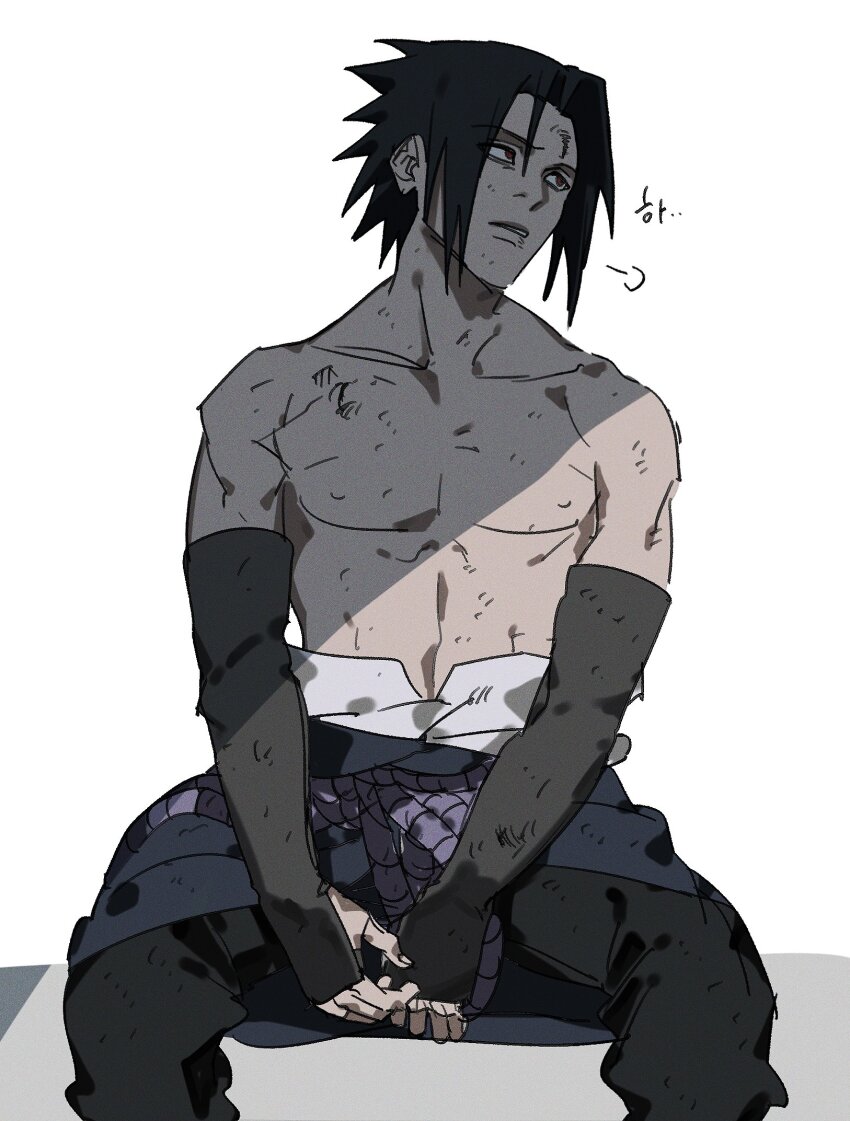 1boy arm_warmers bishounen black_hair black_pants dong2taku highres male_focus naruto_(series) naruto_shippuuden pants red_eyes rope shimenawa simple_background sitting solo toned toned_male topless_male uchiha_sasuke white_background