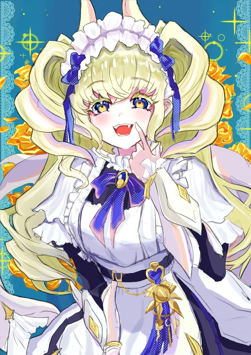 1girl absurdres blonde_hair blue_background cowboy_shot dragon_girl dragon_horns dress duel_monster fangs highres horns lattice_dragonmaid long_hair looking_at_viewer maid maid_headdress noppe open_mouth simple_background solo sparkle teeth yu-gi-oh!