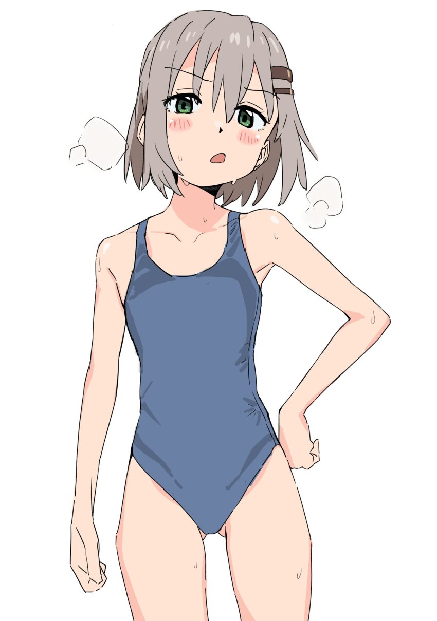 1girl alternate_costume annoyed arm_at_side blue_one-piece_swimsuit blush brown_hair collarbone cowboy_shot dlbl gluteal_fold green_eyes hair_ornament hairclip hand_on_own_hip highres looking_at_viewer one-piece_swimsuit open_mouth short_hair simple_background solo standing steaming_body sweat swimsuit v-shaped_eyebrows white_background yama_no_susume yukimura_aoi