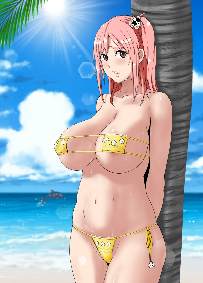 1girl areola_slip arms_behind_back bare_shoulders beach bikini blush breasts covered_erect_nipples dead_or_alive dead_or_alive_5 dolphin embarrassed eyepatch_bikini hair_ornament highres honoka_(doa) large_breasts long_hair looking_at_viewer minpei_ichigo navel ocean one_side_up parted_lips pink_hair skull_hair_ornament sky solo standing swimsuit