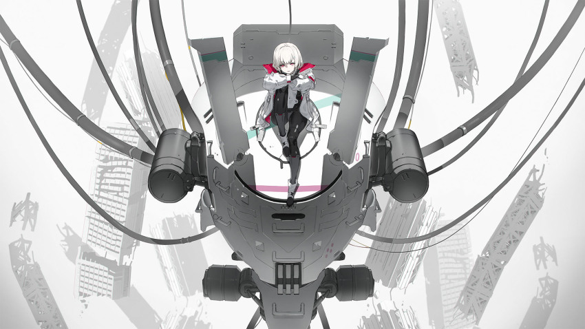 1girl ada_(synduality) arms_on_knees bob_cut bodysuit boots bowie_rabbit cable full_body highres jacket joints knee_up mecha neco red_eyes robot robot_joints ruins sitting synduality white_hair