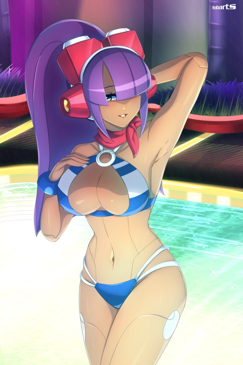 1girl absurdres android arm_behind_back armpits axasempai bandana bandana_around_neck bikini blue_bikini breasts cleavage commentary cowboy_shot english_commentary green_eyes high_ponytail highres large_breasts layer_(mega_man) long_hair mega_man_(series) mega_man_x_(series) mega_man_x_dive navel official_alternate_costume pool purple_hair red_bandana robot_girl solo swimsuit