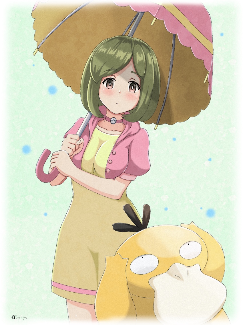 1girl artist_name blush breasts brown_eyes brown_hair choker creatures_(company) dress game_freak gen_1_pokemon highres jacket looking_at_viewer medium_breasts nintendo parasol parasol_lady_(pokemon) pink_jacket pink_umbrella pokemon pokemon_(creature) pokemon_bdsp psyduck satya short_hair solo standing umbrella yellow_dress