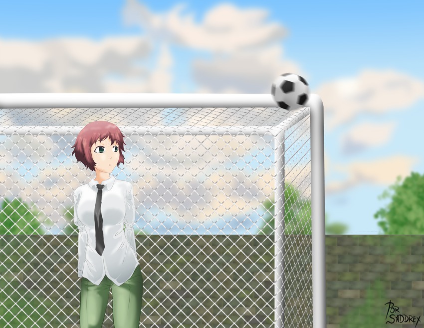 10s 1girl amputee armless_amputee artist_name artist_request ball blue_sky blurry cloud cowboy_shot day depth_of_field double_amputee female_focus goal katawa_shoujo necktie no_arms outdoors saddrex school_uniform sky soccer_ball solo spanish_text standing telstar tezuka_rin tree