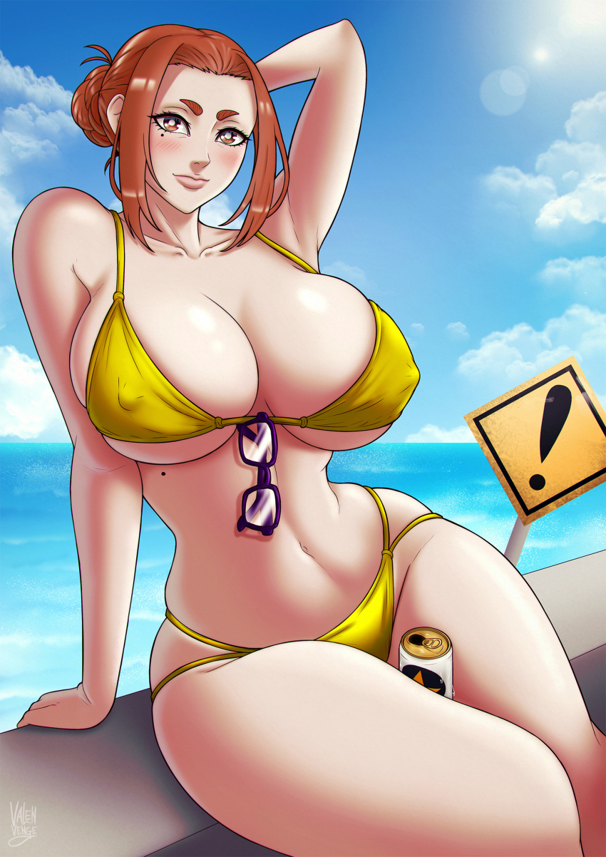 ! 1girl arm_behind_head arm_support arm_up beer_can bikini blush breasts brown_eyes brown_hair can cleavage covered_erect_nipples curvy drink_can female_focus glasses highres huge_breasts kaii_to_otome_to_kamikakushi lips looking_at_viewer matching_hair/eyes mature_female mole mole_under_eye navel ogawa_sumireko short_eyebrows short_hair sitting skindentation solo swimsuit thick_thighs thighs valenvenge wide_hips