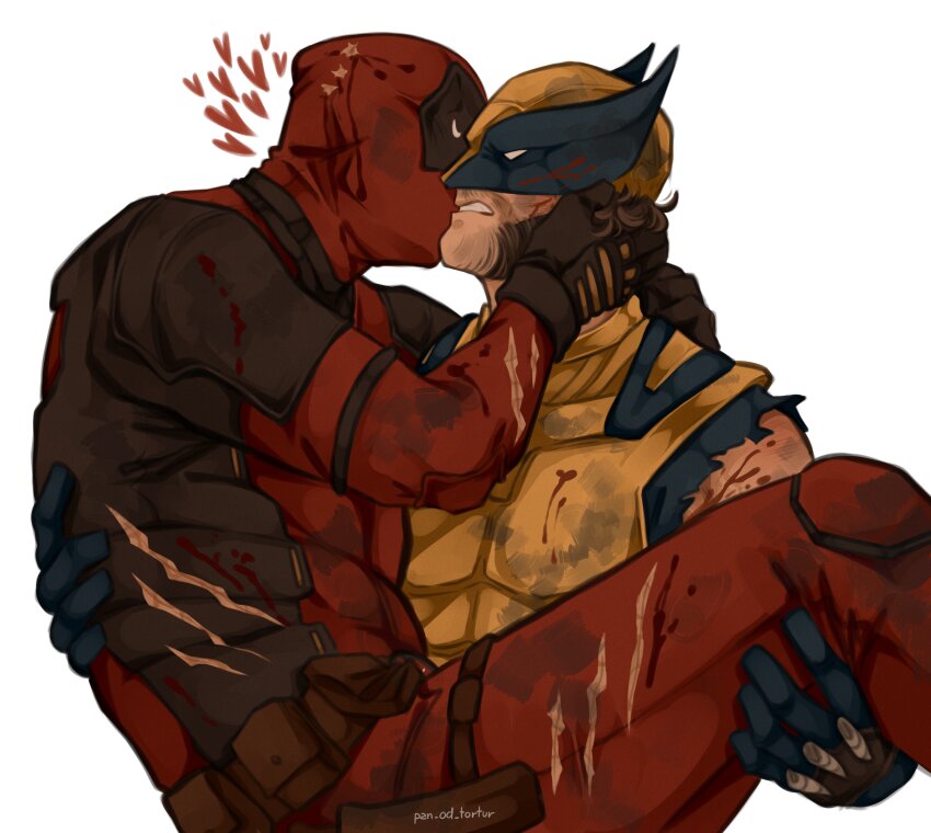 2boys absurdres artist_name beard blood blood_on_clothes brown_hair carrying carrying_person clenched_teeth commentary deadpool deadpool_&amp;_wolverine deadpool_(series) english_commentary facial_hair hand_on_another&#039;s_head heart highres kiss looking_at_another male_focus marvel marvel_cinematic_universe multiple_boys muscular muscular_male pan_od_tortur superhero_costume teeth torn_suit twitter_username white_background wolverine_(x-men) x-men yaoi