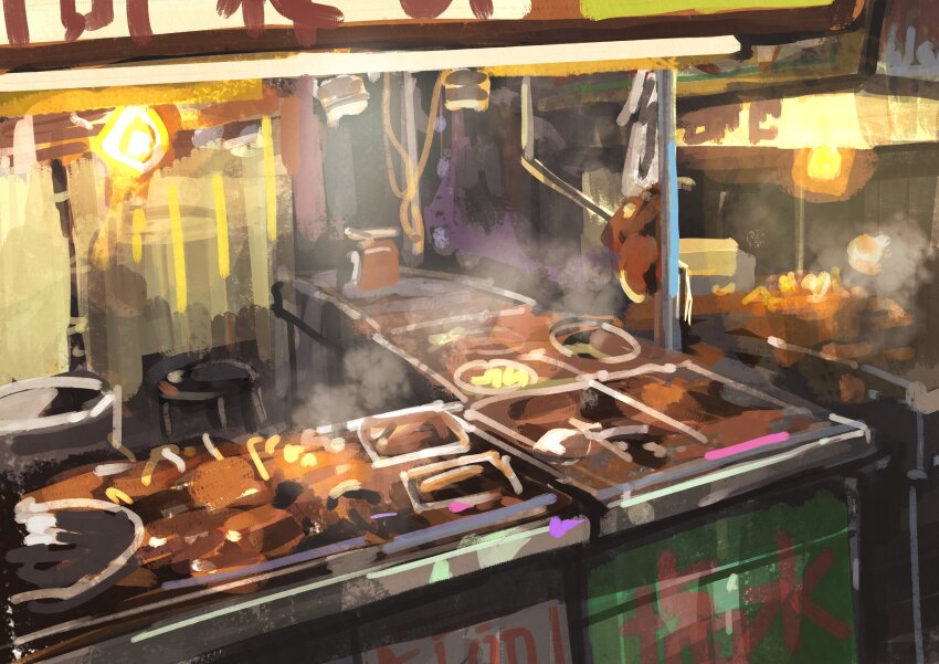 absurdres dark food highres kitchen light no_humans original painting_(medium) sanegesan scenery shadow stool traditional_media tray vending_cart