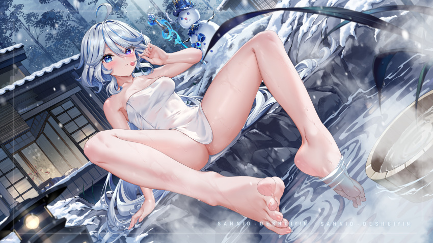 1girl barefoot blue_eyes blush bucket candy feet food furina_(genshin_impact) genshin_impact highres lollipop long_hair looking_at_viewer multicolored_hair onsen parted_lips plantar_flexion sannio snowman soles steam streaked_hair toes towel