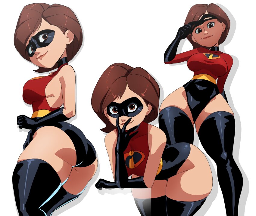 1girl absurdres alternate_costume ass bent_over black_gloves black_mask breasts brown_eyes brown_hair curvy domino_mask elastigirl gloves helen_parr highres inker_comics large_breasts leotard looking_at_viewer mask mature_female multiple_views short_hair simple_background the_incredibles thick_thighs thighs white_background wide_hips