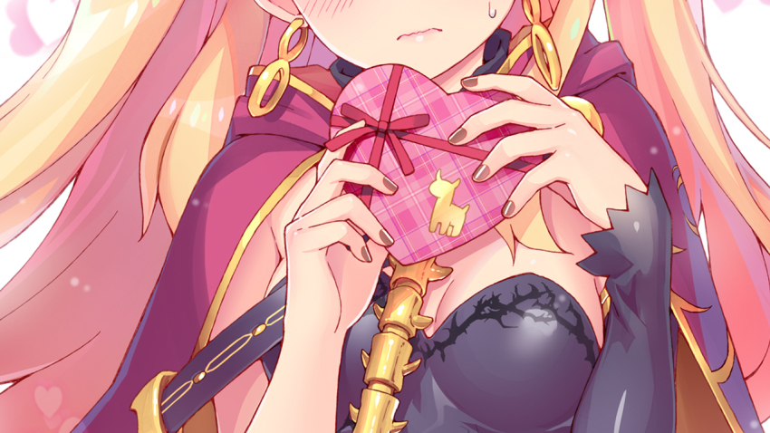 1girl asymmetrical_sleeves bad_id bad_pixiv_id black_dress blonde_hair box brown_nails cloak dress earrings ereshkigal_(fate) fate/grand_order fate_(series) gift gift_box gold_earrings head_out_of_frame heart-shaped_box holding holding_gift hood hooded_cloak jewelry long_hair nail_polish red_cloak rioshi solo uneven_sleeves