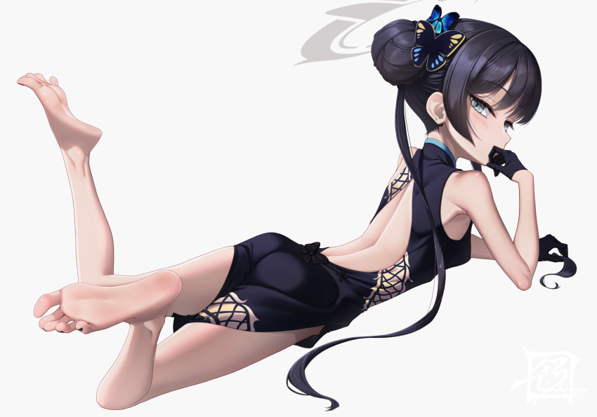 1girl barefoot black_hair blue_archive china_dress chinese_clothes double_bun dress feet grey_eyes hair_bun highres kisaki_(blue_archive) light_blush long_hair looking_at_viewer lying on_stomach soles suryua toes