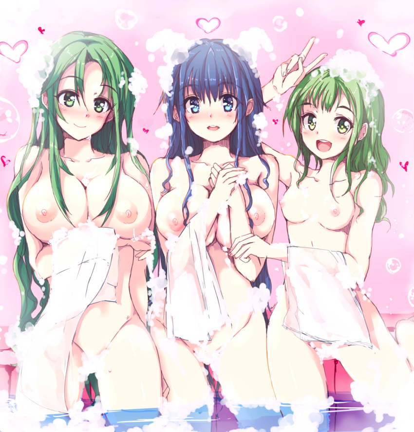 3girls :d age_difference alternate_hairstyle armpits bad_id bad_pixiv_id bath bathing blush breast_hold breasts breasts_squeezed_together bubble closed_mouth collarbone completely_nude convenient_censoring cowboy_shot echizen_(hvcv) fire_emblem fire_emblem:_the_sacred_stones foam green_eyes green_hair groin hair_down hand_up happy heart highres holding holding_towel indoors large_breasts light_smile lineup long_hair looking_at_viewer medium_breasts multiple_girls nintendo nipples nude open_mouth own_hands_together purple_background same-sex_bathing shared_bathing siblings side-by-side sidelocks sisters sitting sketch smile soaking_feet soap_bubbles soap_censor syrene_(fire_emblem) tana_(fire_emblem) towel v vanessa_(fire_emblem) very_long_hair water wet wet_hair