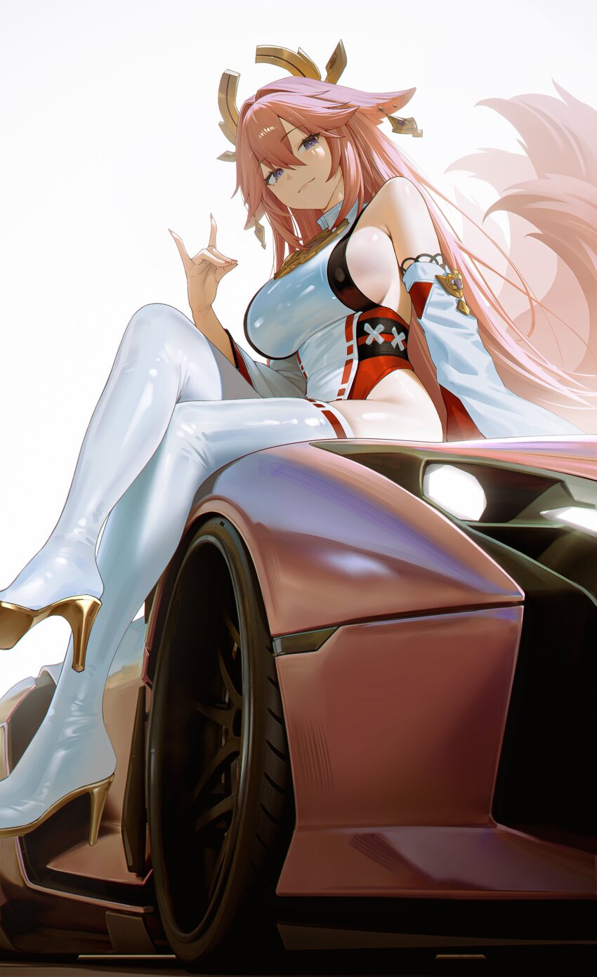 1girl 95_(jiuwujiang) absurdres adapted_costume armpit_crease bare_shoulders boots breasts car commentary crossed_legs detached_sleeves droopy_ears earrings english_commentary fingernails fox_shadow_puppet genshin_impact hair_between_eyes hair_ornament highres jewelry large_breasts leotard long_hair motor_vehicle multicolored_leotard on_car pink_hair purple_eyes sideboob sitting solo thigh_boots thighs very_long_hair white_footwear white_leotard white_sleeves yae_miko