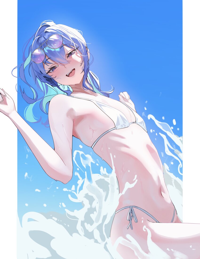 1girl absurdres bikini blue_eyes blue_hair commentary eyewear_on_head flat_chest hair_between_eyes highres hololive hoshimachi_suisei looking_at_viewer navel ocean open_mouth ribs side-tie_bikini_bottom smile solo sunglasses swimsuit symbol-only_commentary tomanesan virtual_youtuber waves white_bikini