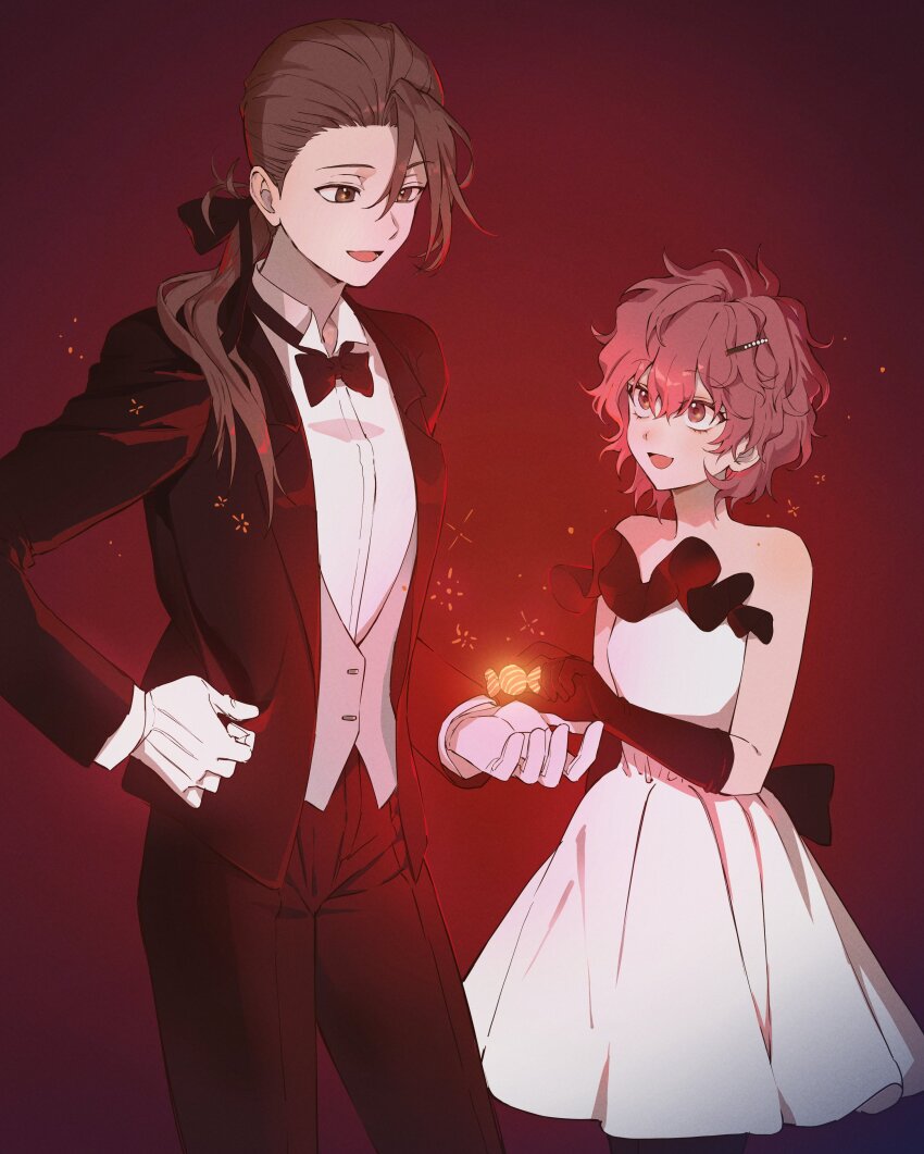 2girls 5_taku absurdres black_bow black_bowtie black_gloves blush bow bowtie brown_eyes brown_hair candy crossdressing dress food gloves hair_bow hair_ornament hairclip highres kang_hara kim_marie long_hair looking_at_another low_ponytail multiple_girls no_home_(manhwa) pink_eyes pink_hair red_background short_hair tuxedo white_dress white_gloves yuri