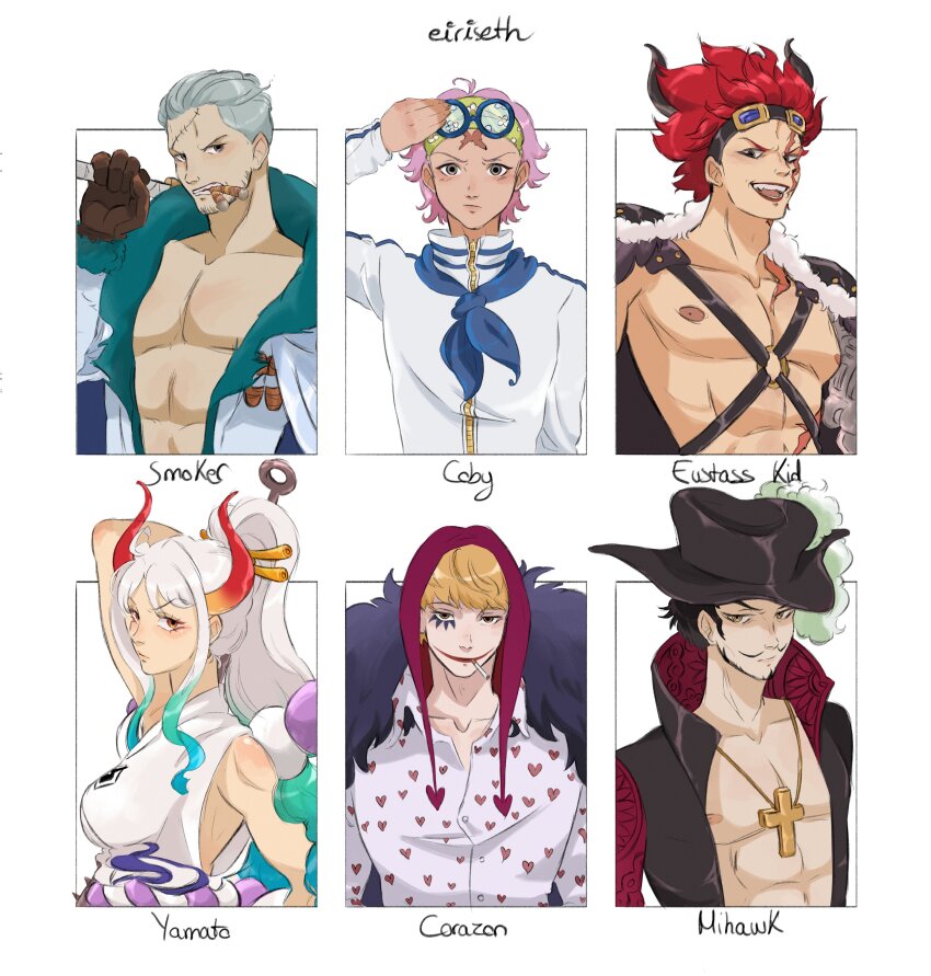 1girl 5boys abs absurdres artist_name beard beard_stubble black_hair blonde_hair blue_hair blue_neckerchief cape character_name cigar cigarette club club_(weapon) collared_coat commentary cross_pendant donquixote_rocinante dracule_mihawk eiriseth english_commentary eustass_kid facial_hair fake_horns fur_cape goggles goggles_on_head green_hair green_headband hair_ornament hat_feather headband heart heart_print highres holding holding_weapon hood horns japanese_clothes jitte kanabou kimono koby_(one_piece) looking_at_viewer mechanical_arms multiple_boys multiple_drawing_challenge neckerchief o-ring o-ring_top one_piece pink_hair ponytail red_hair red_horns rope salute scar scar_on_face shimenawa sidelocks single_mechanical_arm sleeveless sleeveless_kimono smile smoker_(one_piece) stitched_mouth stitches stubble undercut upper_body weapon white_background white_hair white_kimono yamato_(one_piece)