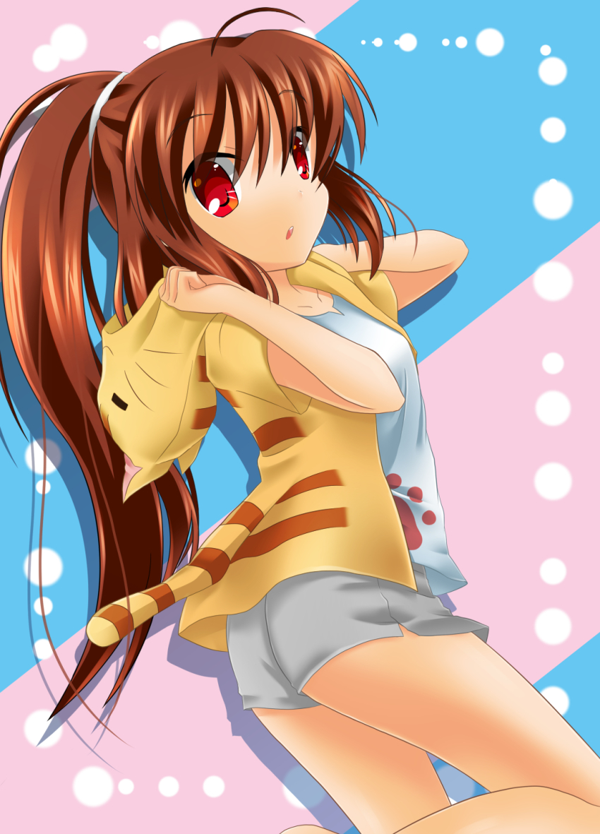 animal_hood brown_hair casual doruji highres hood hoodie juujiro_eru little_busters! long_hair natsume_rin ponytail red_eyes solo