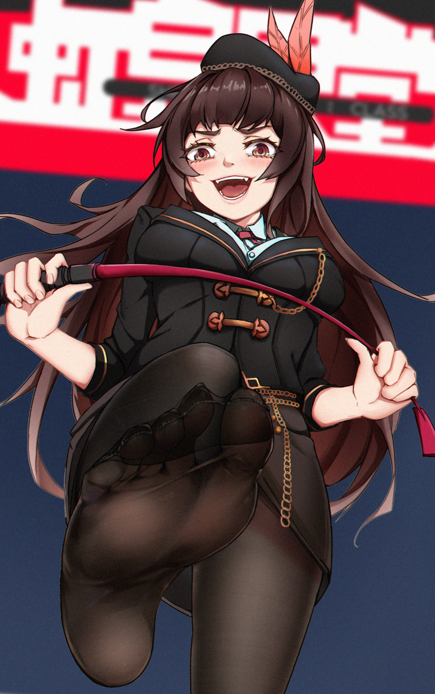 1girl blush brown_eyes brown_hair feet highres hog_rider long_hair looking_at_viewer open_mouth pantyhose riding_crop soles toes