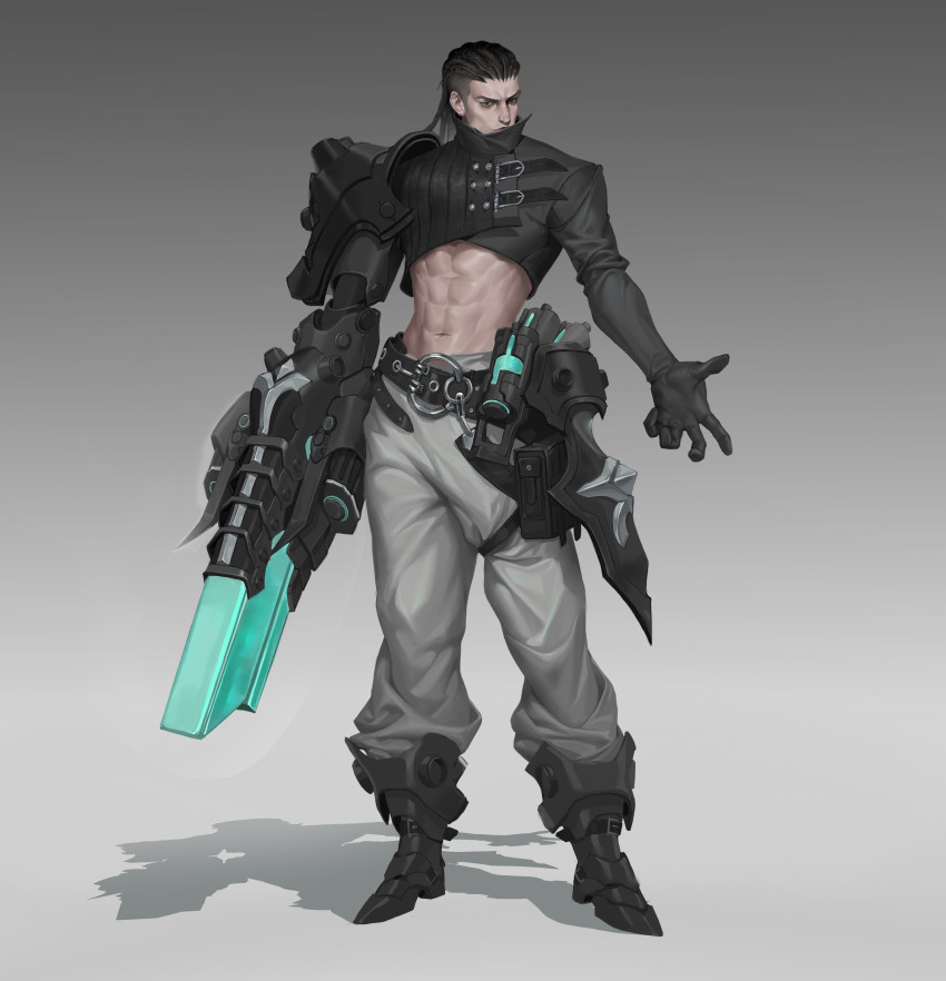 1boy abs absurdres armor belt belt_pouch black_eyes black_hair chaidision closed_mouth cyberpunk gradient_background gun highres male_focus md5_mismatch mechanical_arms midriff muscular muscular_male navel open_hand original pauldrons pouch science_fiction shadow shoulder_armor single_mechanical_arm single_pauldron solo standing weapon