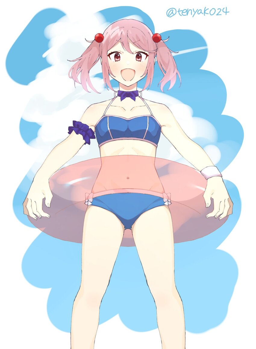 1girl bell bikini blue_bikini blue_skirt cloud cloudy_sky cowboy_shot day hair_bell hair_bobbles hair_ornament highres innertube kantai_collection looking_down official_alternate_costume open_mouth pink_eyes pink_hair sazanami_(kancolle) short_hair skirt sky smile solo swim_ring swimsuit tenyako_(mirasato24) twintails twitter_username white_background