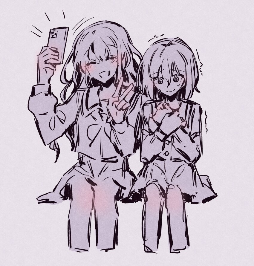 2girls @_@ absurdres bang_dream! blush cellphone commentary english_commentary hair_between_eyes highres holding holding_phone invisible_chair kirigaya_toko kurata_mashiro long_hair long_sleeves medium_hair multiple_girls phone selfie simple_background sitting skirt smartphone spot_color trembling v wavy_mouth white_background xenoee