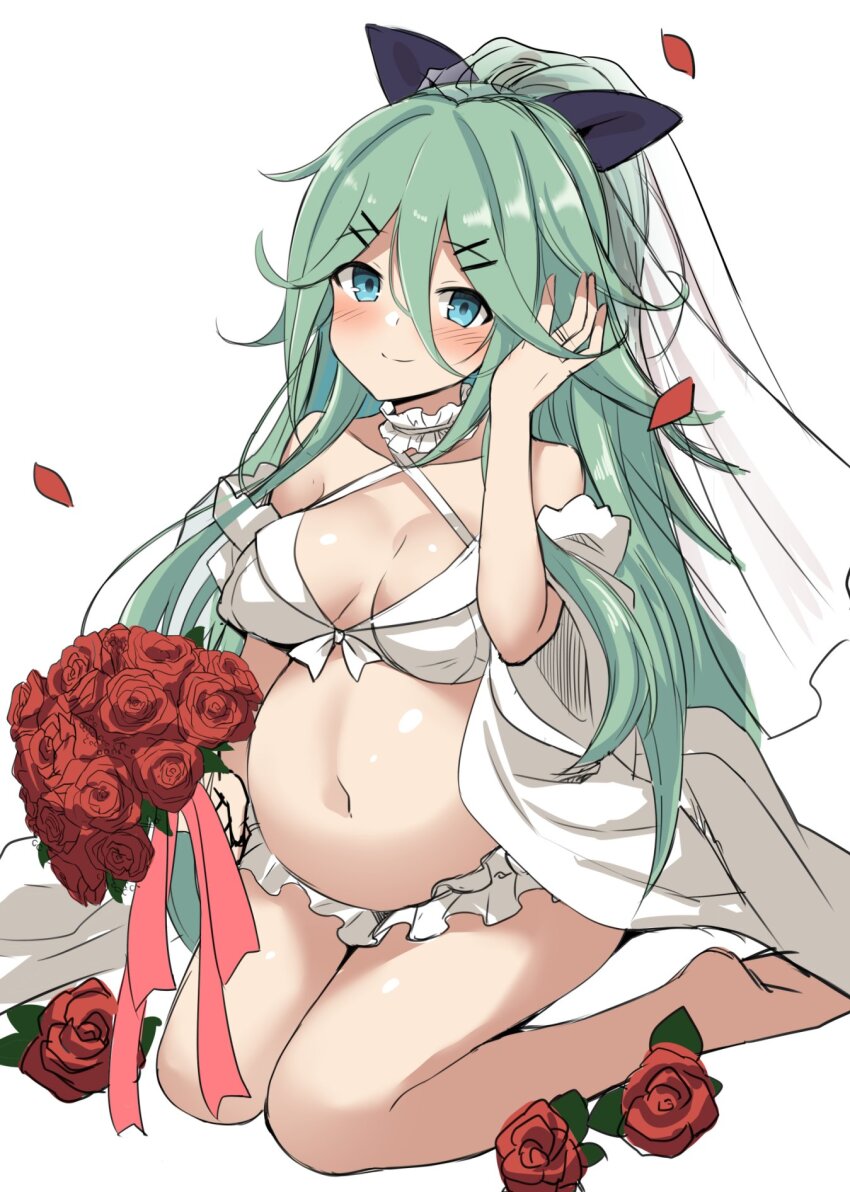 1girl big_belly black_ribbon blue_eyes blush bouquet breasts bridal_lingerie bride dress flower full_body green_eyes green_hair hair_between_eyes hair_flaps hair_ornament hair_ribbon hairclip highres holding holding_bouquet jewelry kantai_collection kokutou_nikke large_breasts lingerie long_hair looking_at_viewer navel nude outie_navel parted_bangs ponytail pregnant red_flower red_rose ribbon ring rose simple_background sitting smile solo underwear wedding_dress wedding_ring white_background yamakaze_(kancolle)