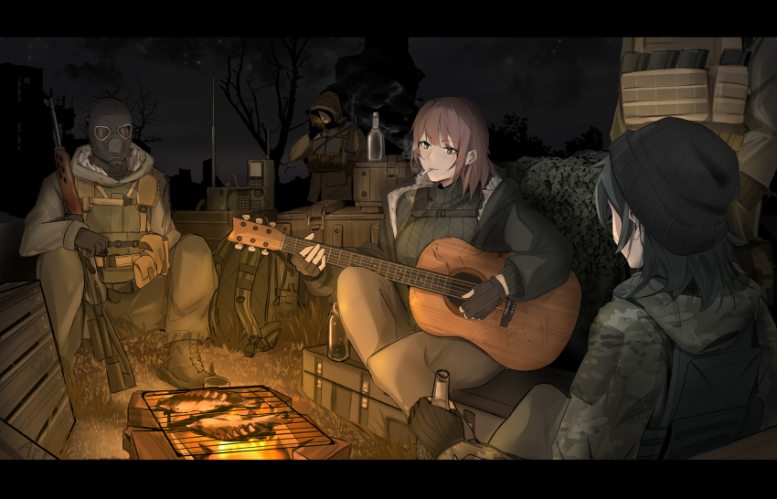 1girl 4others acoustic_guitar beanie bottle brown_hair camouflage_netting campfire cooking drinking fingerless_gloves fish_(food) fur-trimmed_jacket fur_trim gas_mask gloves guitar gun hat highres holding holding_weapon hood instrument jacket load_bearing_vest mask military_combat_uniform mouth_hold multiple_others music night open_clothes open_jacket original playing_instrument radio ribbed_sweater sitting smoking sweater user_ves1082 weapon