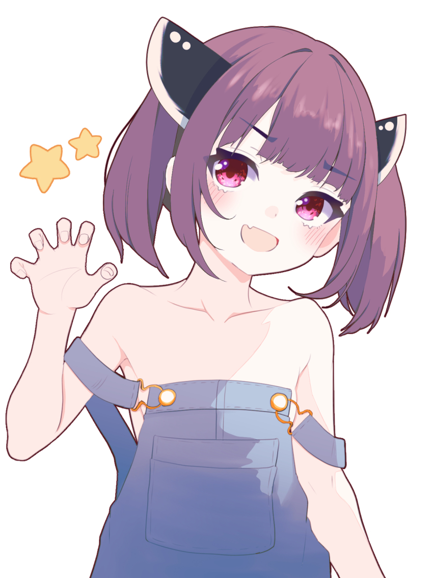 1girl :d bare_shoulders blunt_bangs blush brown_hair claw_pose collarbone commentary_request double_strap_slip fang fingernails flat_chest hand_up head_tilt highres looking_at_viewer open_mouth overalls pink_eyes short_hair simple_background skin_fang smile solo star_(symbol) touhoku_kiritan upper_body virtual_youtuber wasabi_kiritan white_background