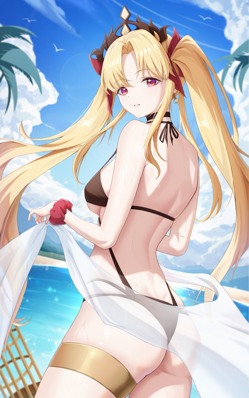 1girl about_fg absurdres ass bikini blonde_hair blue_sky breasts cloud day ereshkigal_(fate) fate/grand_order fate_(series) highres large_breasts long_hair looking_at_viewer looking_back outdoors parted_lips red_eyes sarong sky solo strap_gap swimsuit tiara very_long_hair