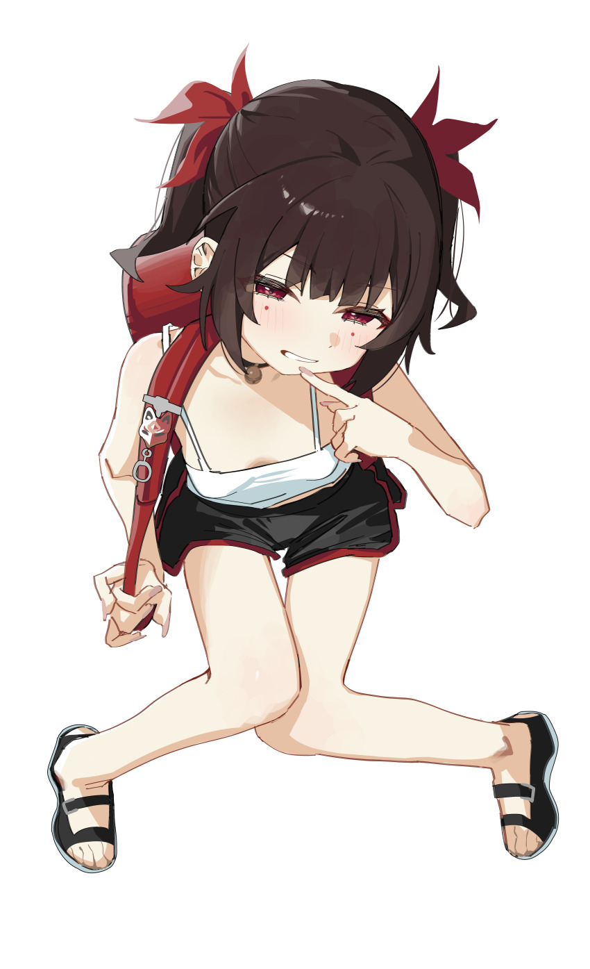 1girl absurdres aged_down backpack bag bag_charm bell black_choker black_shorts blush breasts brown_hair camisole charm_(object) choker finger_to_mouth fox_mask from_above full_body highres honkai:_star_rail honkai_(series) jingle_bell knees_together_feet_apart looking_at_viewer mark_under_both_eyes mask neck_bell randoseru red_bag red_eyes sandals short_hair short_shorts shorts sidelocks simple_background small_breasts smile solo sparkle_(honkai:_star_rail) syhan teeth thigh_gap twintails white_background white_camisole