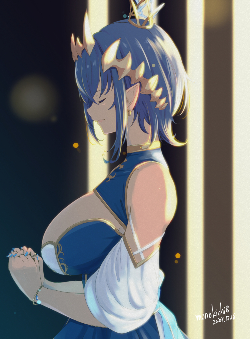 1girl artist_name blue_hair breasts closed_eyes closed_mouth commentary_request crown dated detached_sleeves from_side headpiece highres interlocked_fingers kichihachi large_breasts nanashi_inc. own_hands_together pointy_ears profile shimamura_charlotte shimamura_charlotte_(9th_costume) short_hair solo virtual_youtuber white_sleeves