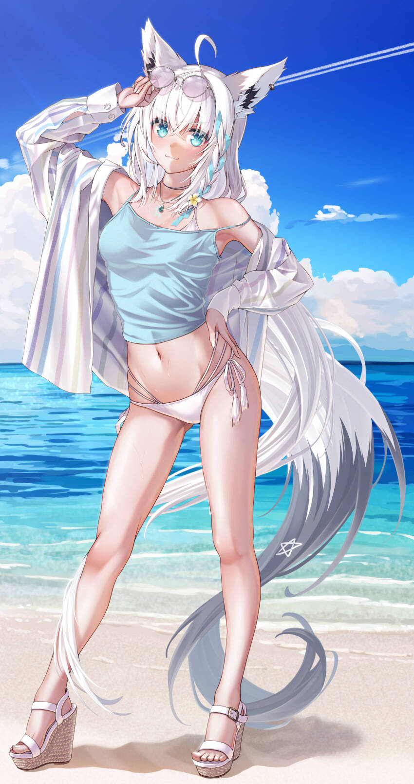 1girl absurdres ahoge alternate_costume animal_ear_fluff animal_ear_piercing animal_ears aqua_eyes bare_shoulders beach bikini black_tail blue_camisole braid camisole cloud crossed_bangs double-parted_bangs earrings extra_ears flower fox_ears fox_girl fox_tail full_body hair_flower hair_ornament highres hololive jewelry kini_bottom long_hair looking_at_viewer low-tied_long_hair multicolored_tail navel ocean open_clothes open_shirt outdoors pentagram ribbon_braid sand shirakami_fubuki shirt side_braid sidelocks single_braid single_earring sky solo standing strappy_heels striped_clothes striped_shirt sunglasses swimsuit ta_shiuji30 tail vertical-striped_clothes vertical-striped_shirt virtual_youtuber white_bikini white_hair white_tail