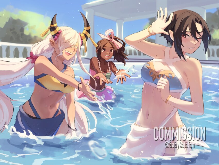 3girls :d babykatafan bikini black_hair brown_eyes brown_hair closed_eyes dark-skinned_female dark_skin fire_emblem fire_emblem_engage hair_ribbon highres horns long_hair midriff multiple_girls navel nel_(fire_emblem) nintendo official_alternate_costume one_eye_closed open_mouth pointy_ears ponytail pool red_eyes ribbon short_hair smile swimsuit teeth timerra_(fire_emblem) upper_teeth_only very_long_hair water white_hair zelestia_(fire_emblem)