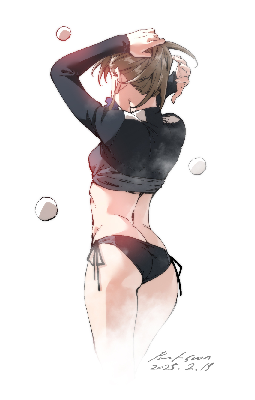 1girl black_panties crop_top from_behind hairdressing nabipenciller original panties solo underwear white_background