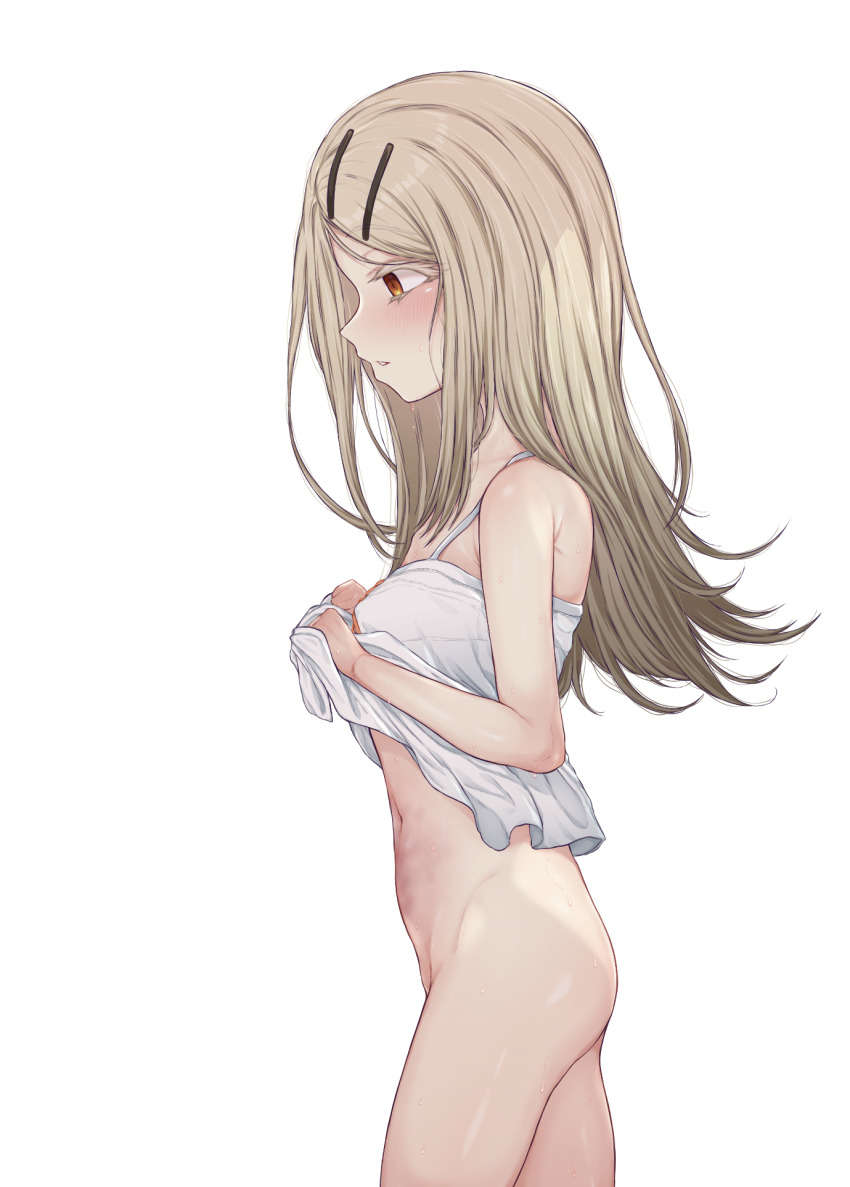 1girl abuse blush bottomless bruise camisole camisole_lift clothes_lift cowboy_shot gakuen_idolmaster hair_ornament hairclip highres idolmaster injury lifting_own_clothes light_brown_hair long_hair navel orange_eyes parted_lips rla13753 ryona shinosawa_hiro simple_background solo white_background white_camisole