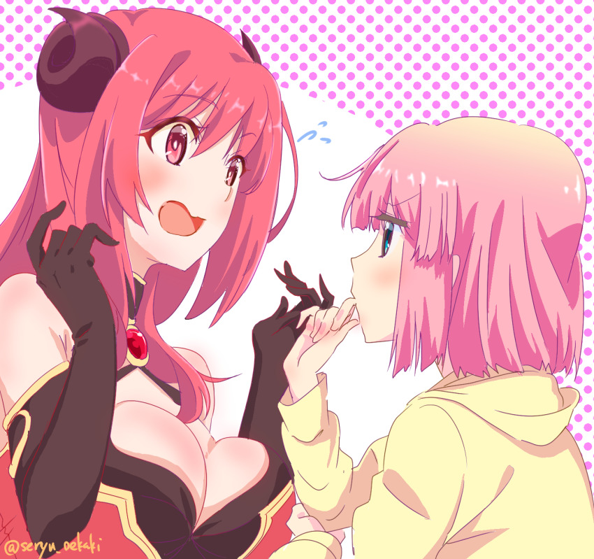 2girls bare_shoulders blush breasts chiyoda_momo demon_horns green_eyes highres horns io_(princess_connect!) large_breasts machikado_mazoku multiple_girls open_mouth pink_hair princess_connect! red_eyes red_hair seryu_oekaki