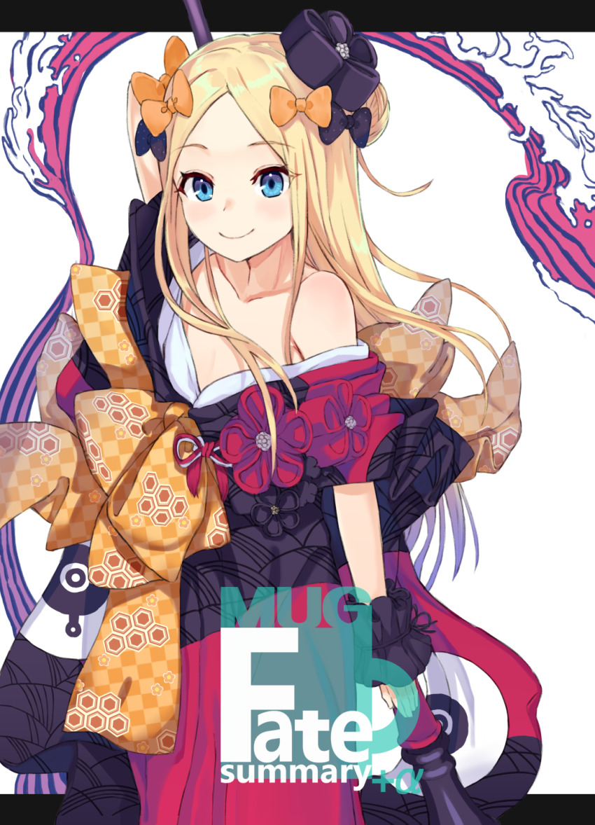 1girl abigail_williams_(fate) arm_behind_back bare_shoulders black_bow black_jacket blonde_hair blush bow closed_mouth commentary_request cosplay cover cover_page fate/grand_order fate_(series) female_focus forehead hair_bow hair_ornament highres holding jacket katsushika_hokusai_(fate) katsushika_hokusai_(fate)_(cosplay) long_hair mugcup multiple_hair_bows off_shoulder orange_bow parted_bangs smile solo very_long_hair white_background wrist_cuffs