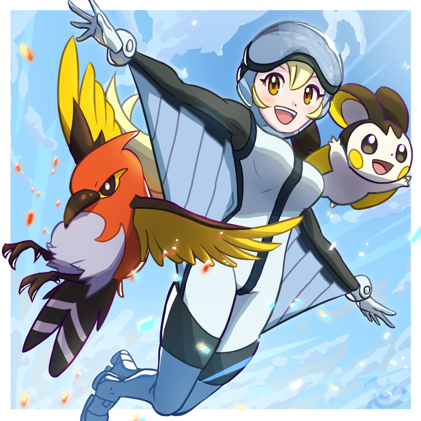 1girl :d blonde_hair blue_headwear blush boots border breasts commentary_request creatures_(company) embers emolga fletchinder flying game_freak gen_5_pokemon gen_6_pokemon gloves goggles helmet highres looking_at_viewer nintendo npc_trainer open_mouth orange_eyes outside_border outstretched_arms pokemon pokemon_(creature) pokemon_xy sky_trainer_(pokemon) smile teeth thigh_boots thighhighs tom_(pixiv10026189) tongue upper_teeth_only white_border white_gloves